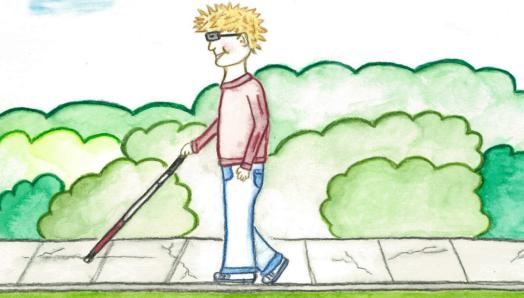 Illustration of Tommy from “Tommy Wants a Guide Dog”, a boy walking along a sidewalk using a white cane.