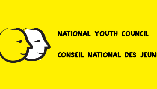 Une bannière jaune avec une icône représentant deux visages dessinés avec au pinceau noir épais. Texte : Conseil national des jeunes.