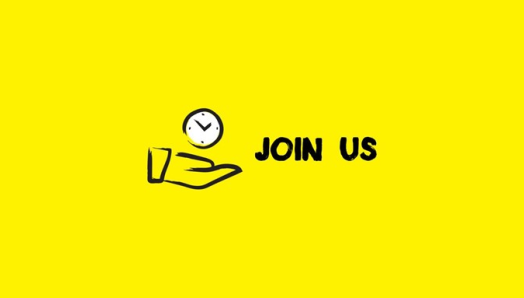 An icon of a hand with a white clock hovering above with the words ‘join us’ beside it in black on a solid yellow background.