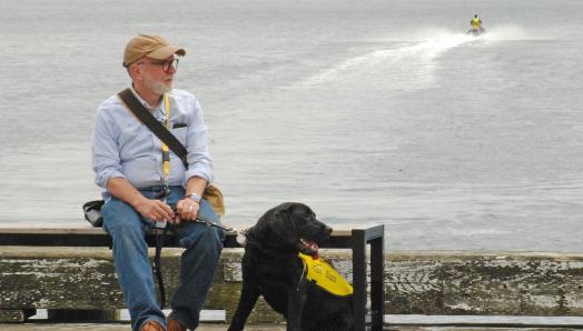 Dan sitting on a bench with HalifaxDan est assis sur un banc, avec le port de Halifax en arrière-plan, et Lewis à ses pieds. Lewis a la langue pendante. Harbour in the background, and Lewis at his feet, Lewis has his tongue hanging out.