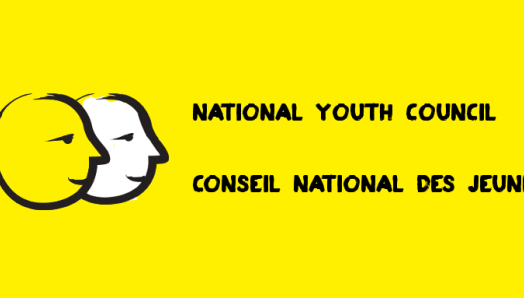 A yellow banner featuring an illustration of two cartoon faces outlined in a thick, black paintbrush design. Text: National Youth Council.