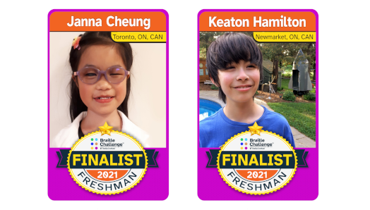 Une carte à jouer « Braille Challenge ». Une photo de Janna avec sa catégorie et sa ville natale. Texte : Janna Cheung. Newmarket, Ontario. Finaliste du Défi braille 2021. Une photo de Keaton avec sa catégorie et sa ville natale. Texte : Keaton Hamilton. Newmarket, Ontario. Finaliste du Braille Challenge 2021.