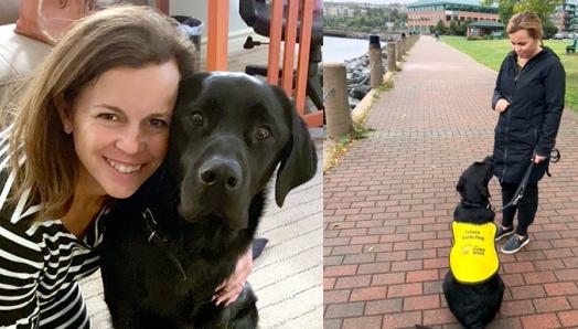 De gauche à droite : Denise accroupie à côté de Harlow, le bras autour de lui; Denise s'entraînant avec Harlow, qui est assis et porte sa veste de futur chien-guide, devant le front de mer à Halifax; et Denise allongée sur le sol, riant pendant que Harlow lui fait un câlin.