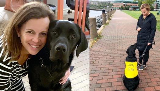 De gauche à droite : Denise accroupie à côté de Harlow, le bras autour de lui; Denise s'entraînant avec Harlow, qui est assis et porte sa veste de futur chien-guide, devant le front de mer à Halifax; et Denise allongée sur le sol, riant pendant que Harlow lui fait un câlin. 