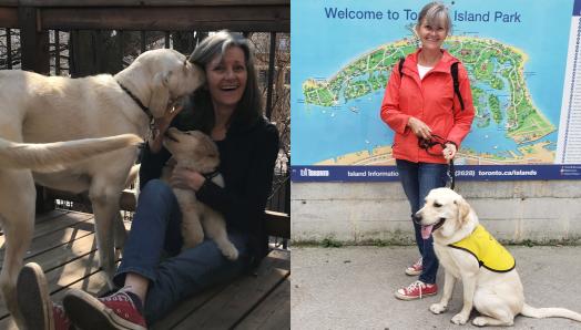 Jane is smiling and sitting on a deck outdoors, with Sparkie standing beside her and kissing her face, and Scout is sitting on Jane’s lap, and looking up at Sparkie; Jane is standing with Sparkie who is sitting at her feet on a leash in front of a park map.