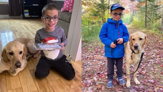 Julien is kneeling on the floor with a dog biscuit that reads ‘Happy Birthday!’ next to his Buddy Dog, Victor, who is laying on the floor to Julien’s left; Julien is standing on a leafy path in the woods on a walk with his Buddy Dog, Victor, standing to his right.