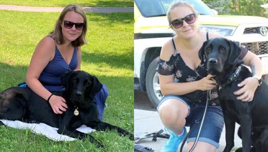 Taylor sits in the grass with her arm around her Guide Dog, Wallace, who is laying in her lap in a sunny park; Taylor is kneeling on the sidewalk with her arm around Wallace who is seated to her right.