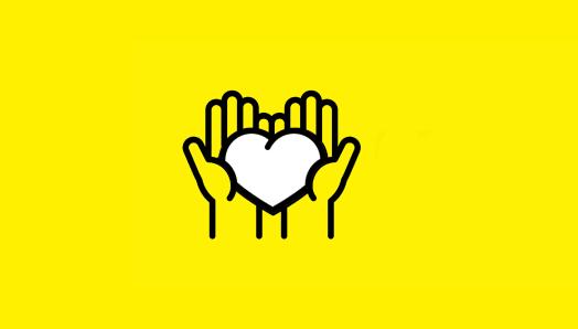 L'icône de deux mains tenant un cœur blanc sur un fond jaune.