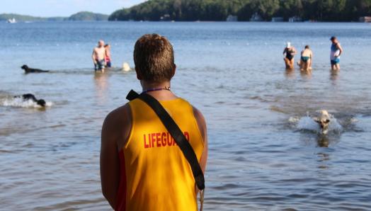 Male lifeguard facing the water where people with guide dogs are playing. He is wearing a yellow shirt with the word "Lifeguard" in red.