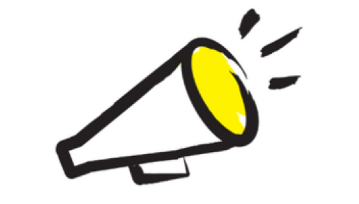 Illustration d’un mégaphone dont les contours comportent des coups de pinceau noir avec des accents jaunes. 