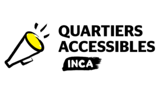 Logo du projet Quartiers accessibles d’INCA avec une icône de porte-voix aux couleurs jaune et noir d’INCA.