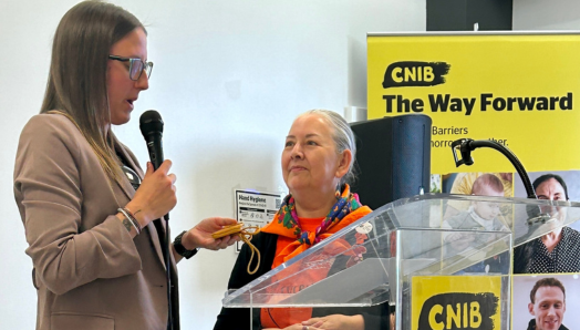 Meghan introducing Elder Cheryl Chagnon – Greyeyes at CNIB’s Open House event in Calgary.