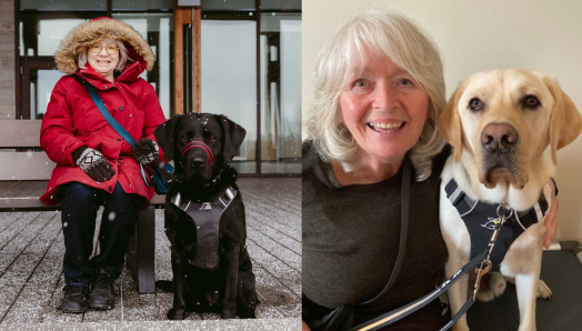 Deux photos de diplômés partenaires. À gauche : Cheri sourit et s’assoit sur un banc, tandis que son chien-guide, Sassy, prend place sur la chaussée à sa droite. Sassy est un chien noir en harnais. Il neige légèrement et Cheri porte un blouson d’hiver rouge et des gants. À droite : Maxine et son chien guide, Symba, prennent un égoportait ensemble. Symba est une chienne blonde en harnais.