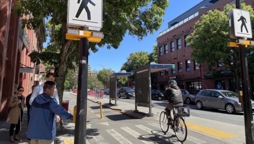 Un piéton et son chien guide tentent de traverser la rue pour se rendre à un arrêt d’autobus sur îlot. Le piéton appuie sur un bouton de passage pour piétons tandis qu'un cycliste traverse à vélo le passage pour piétons.