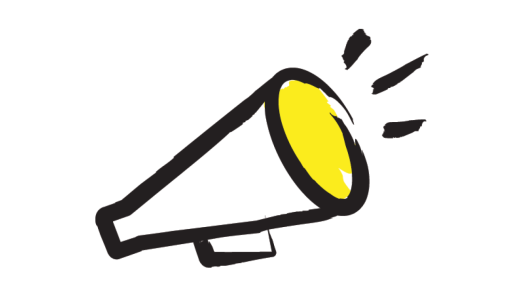 Une illustration d’un mégaphone dont le contour est tracé au pinceau noir avec accents jaunes.
