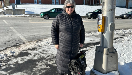 Marisa et son chien-guide, un labrador noir nommé Harley, se trouvent par une journée d'hiver ensoleillée à un passage piéton, à côté d'un poteau électrique équipé d'un nouveau système de feux pour piétons accessibles.