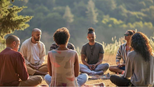 Un groupe hétéroclite d’adultes est assis en cercle à l’extérieur, sur des couvertures, dans un cadre naturel paisible. Entourés d’arbres et de hautes herbes, les participants se livrent à un exercice de méditation.